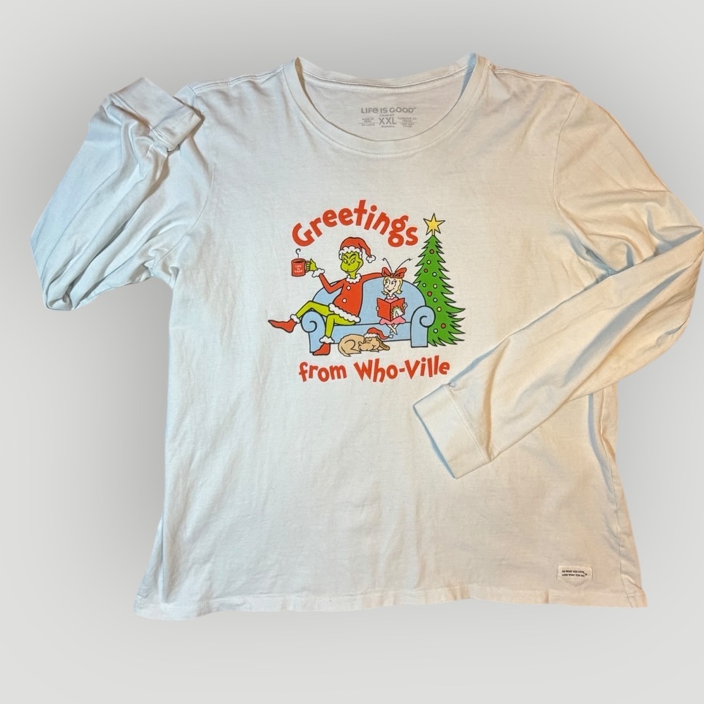 Life Is Good Cream Long‎ Sleeve Tee with Holiday Graphic